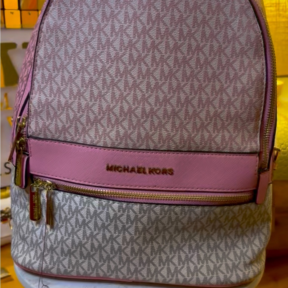 New Michael Kors Pink and Cream Backpack with Signature Monogram